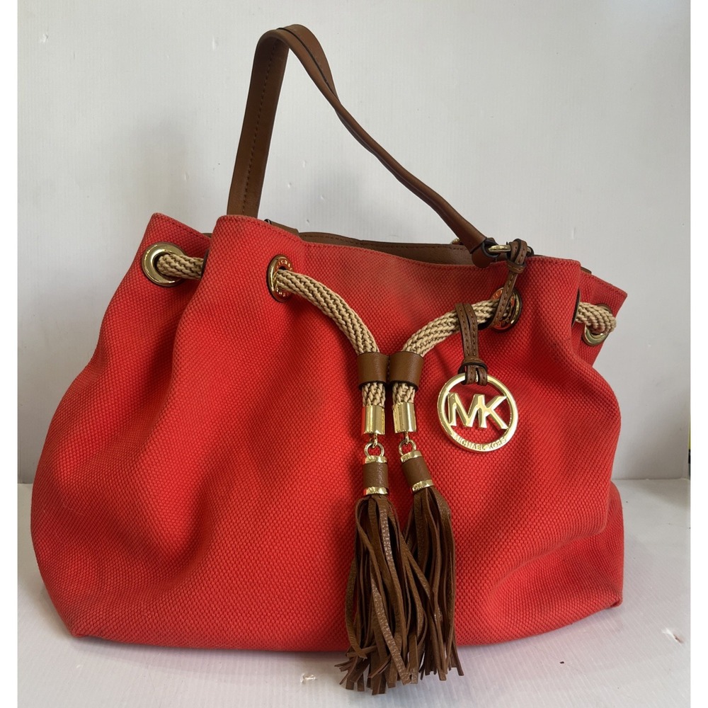 Michael‎ Kors Marina Large Gathered Canvas Coral Hobo Tote Bag
